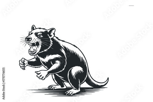 Ferocious Tasmanian Devil snarling and showing fangs on white. Vector hand drawn illustration