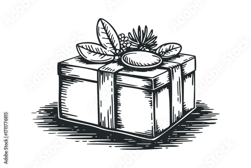 Sketchy Gift Box with Festive Holiday Accents on. Vector hand drawn illustration