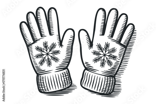 Knit mittens with snowflake ornament image. Vector hand drawn illustration