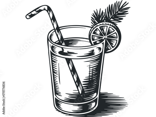 Glass of refreshment with straw and citrus slice. Vector hand drawn illustration