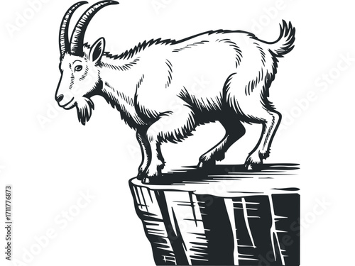 Stylized Alpine Goat on Rocky Ledge. Vector hand drawn illustration