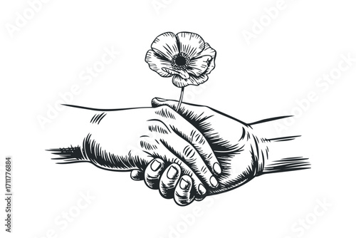 Two hands clasped together holding a delicate flower. Vector hand drawn illustration