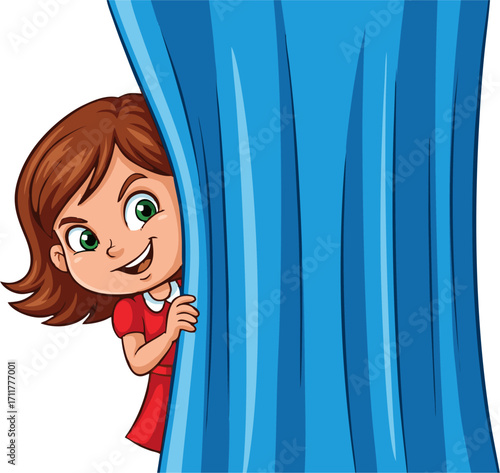 Playful Girl Peeking Behind a Blue Curtain