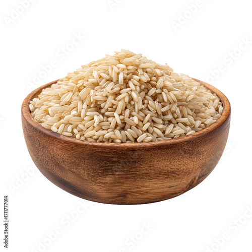 Pile of brown rice in a wooden bowl isolated on transparent background, Clipart png