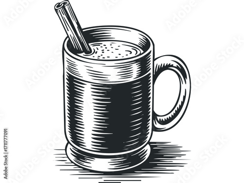 Black and white linocut style drawing of a steaming mug with cinnamon stick. Vector hand drawn illustration