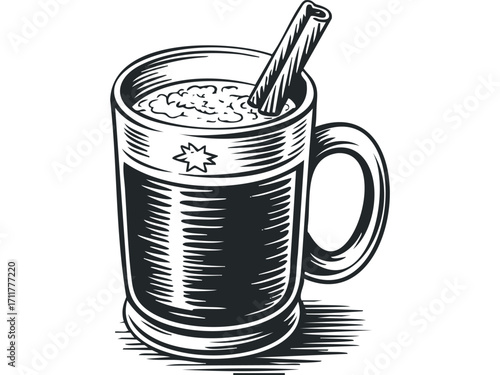 Sketch of hot chocolate with cinnamon stick. Vector hand drawn illustration