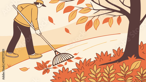 Person Raking Autumn Leaves in Garden, Fall Season Cleanup with Tree and Falling Foliage Illustration