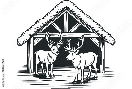 Two Reindeer Standing Outside Wooden Shelter Image. Vector hand drawn illustration