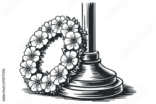 Floral Wreath Resting Against a Monument Base. Vector hand drawn illustration