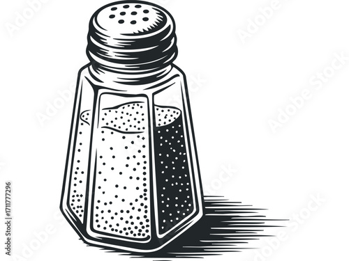 Glass salt shaker with granular contents and perforated cap. Vector hand drawn illustration