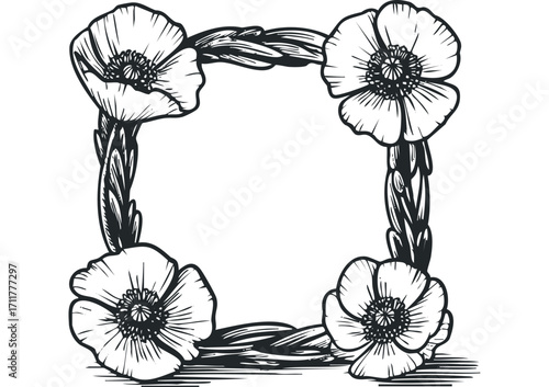 Floral square frame with poppy flowers and vines. Vector hand drawn illustration