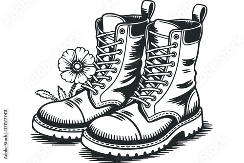 Pair of black combat boots with laces and a small flower on a. Vector hand drawn illustration