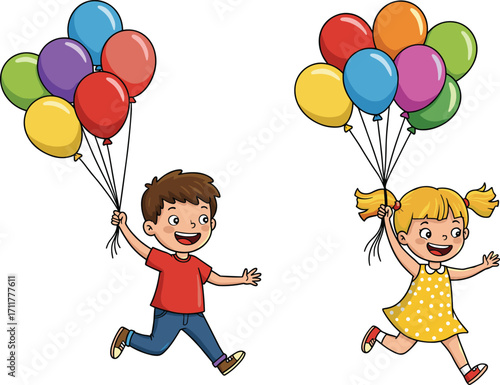 Cartoon children running with colorful balloons, happy boy and girl holding balloons, kids playing outdoors, joyful childhood celebration illustration