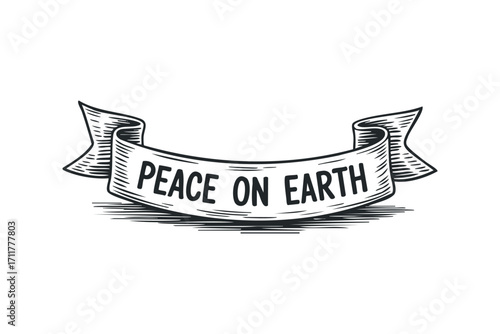 Vintage Style Ribbon Banner with Peace on Earth Text. Vector hand drawn illustration