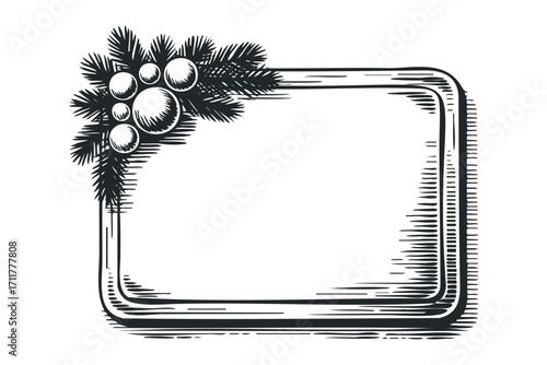 Festive Christmas Frame with Pine Branches and Ornaments. Vector hand drawn illustration
