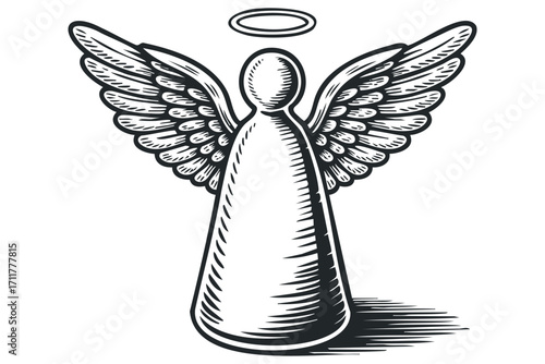 Black and white engraving style angel with wings and halo. Vector hand drawn illustration