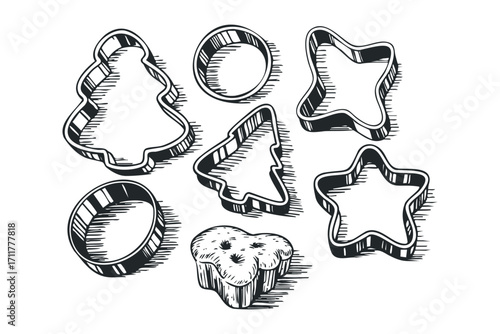 Cookie cutters in various shapes like Christmas tree and star. Vector hand drawn illustration