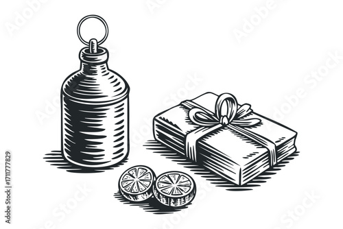 Vintage style engraved bottle with fruit slices and gift box. Vector hand drawn illustration