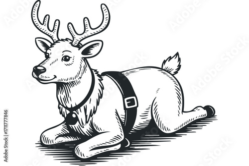 Cute reindeer with bell and harness lying down image. Vector hand drawn illustration