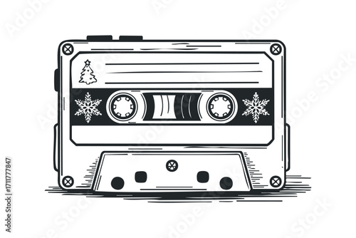 Cassette Tape With Christmas Tree And Snowflake Sticker. Vector hand drawn illustration