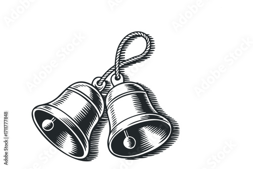 Engraved Style Illustration of Two Jingle Bells Connected by Rope. Vector hand drawn illustration