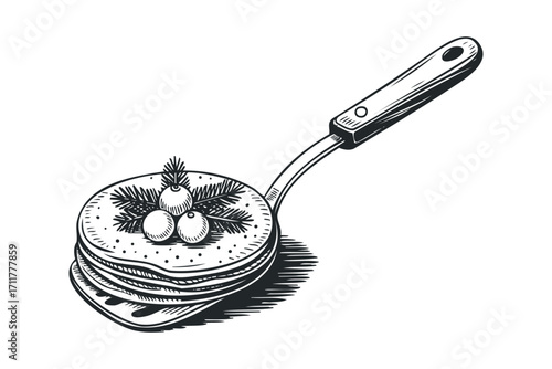 Pancake stack with berries and pine needles on spatula. Vector hand drawn illustration