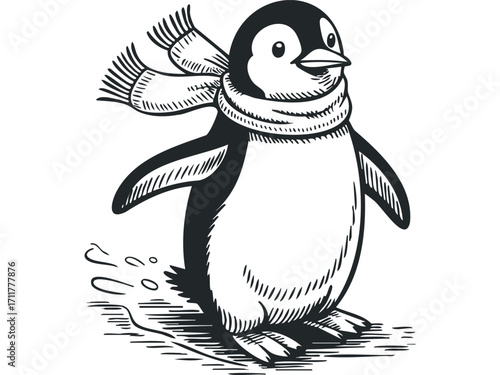 Charming penguin wearing scarf in motion,. Vector hand drawn illustration