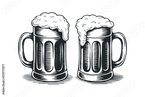 Two beer mugs with overflowing foam. Vector hand drawn illustration