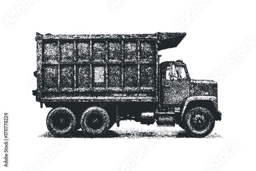 Textured dump truck graphic. Vector hand drawn illustration