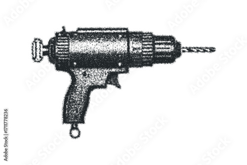 Wireframe style electric drill tool image on white. Vector hand drawn illustration