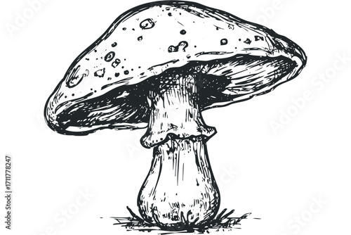 Sketch of a spotted mushroom on a. Vector hand drawn illustration