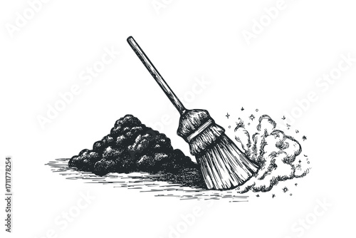 Hand drawn broom sweeping dust clouds and debris. Vector hand drawn illustration