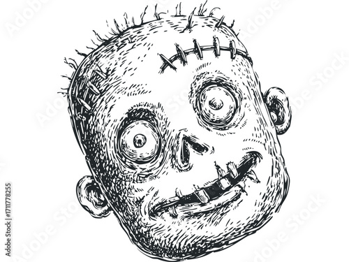 Sketch of a stitched head with wide eyes and stitched mouth. Vector hand drawn illustration