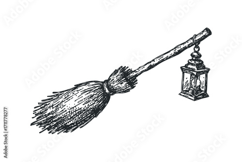 Sketch of a witch's broom with a lantern suspended. Vector hand drawn illustration