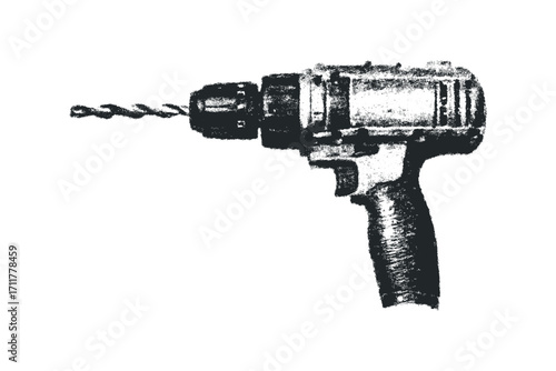 Handheld power drill with drill bit, isolated on white. Vector hand drawn illustration