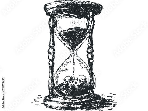 Hourglass with skulls. Vector hand drawn illustration