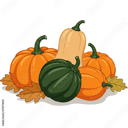 Mixed Gourds Cluster Vector – Autumn Squash Composition with Acorn, Butternut, Delicata, Kabocha, and Fallen Leaves