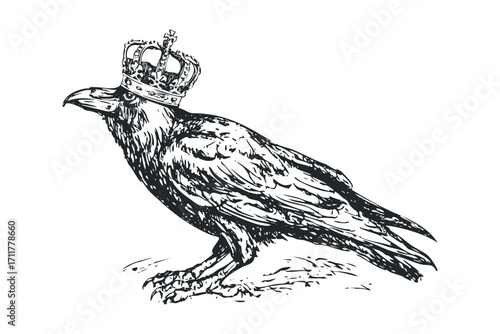 Kingly raven wearing ornate crown, detailed sketch. Vector hand drawn illustration