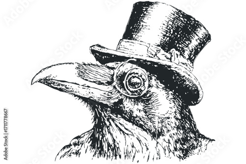 Intricate ink sketch of a raven wearing a top hat and monocle on a. Vector hand drawn illustration