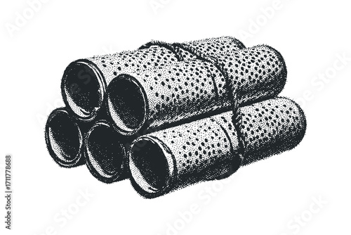 Bundle of rolled pipes tied with rope,. Vector hand drawn illustration