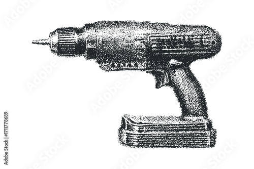 Stippled Drill and Battery Pack Image. Vector hand drawn illustration