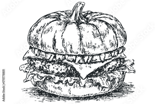 Hand Drawn Sandwich Hamburger With Cheese and Lettuce. Vector hand drawn illustration