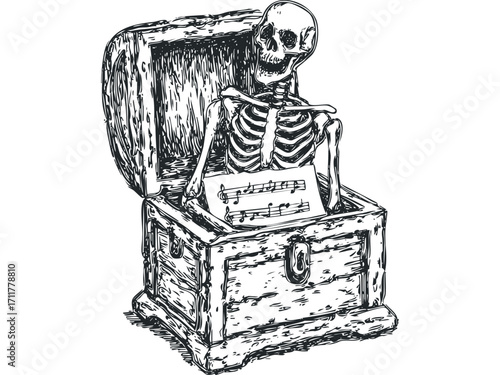 Skeleton sitting in treasure chest holding sheet music. Vector hand drawn illustration