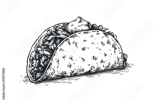 Hand drawn taco with toppings. Vector hand drawn illustration