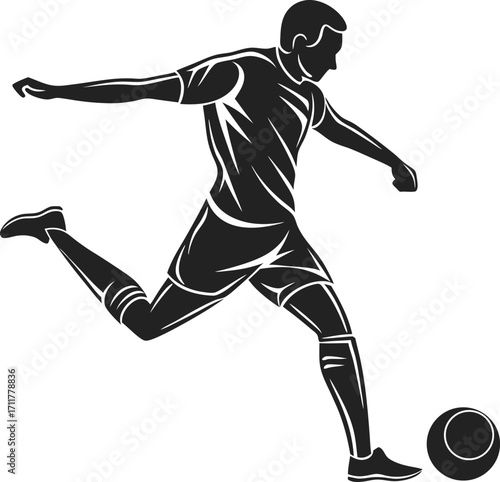 Dynamic silhouette of a football player kicking a ball in mid action