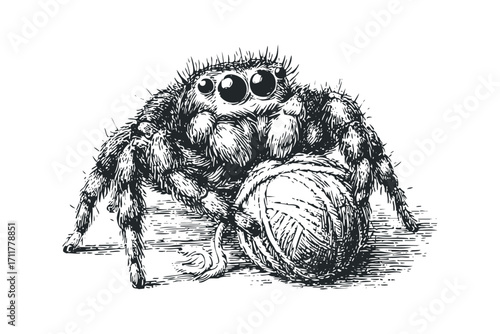Fuzzy spider with large eyes holding a ball of yarn on a. Vector hand drawn illustration