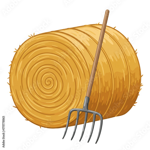 Round Hay Bale with Pitchfork Vector – Rustic Farm Harvest Symbol of Agriculture and Countryside Work