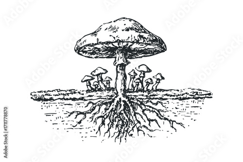 Detailed ink drawing of a large mushroom with visible roots surrounded by smaller mushrooms on a white. Vector hand drawn illustration