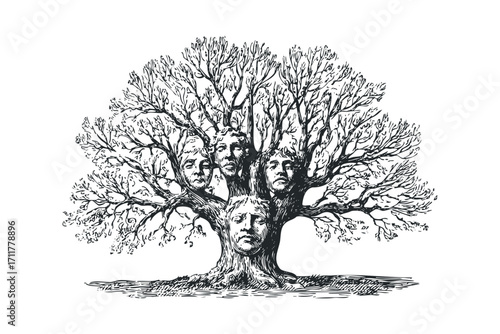 Tree with human faces emerging from trunk and branches. Vector hand drawn illustration