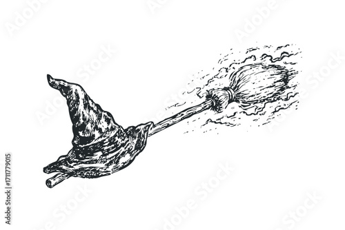 Witch's hat and broomstick flying through swirling mist. Vector hand drawn illustration